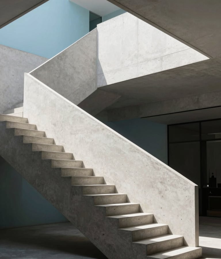 An artistic shot of a modern staircase in a minimalist building, featuring sharp lines and shadows on light gray concrete, with a glimpse of a baby blue wall in the background, South American / Brazilian architecture style.
