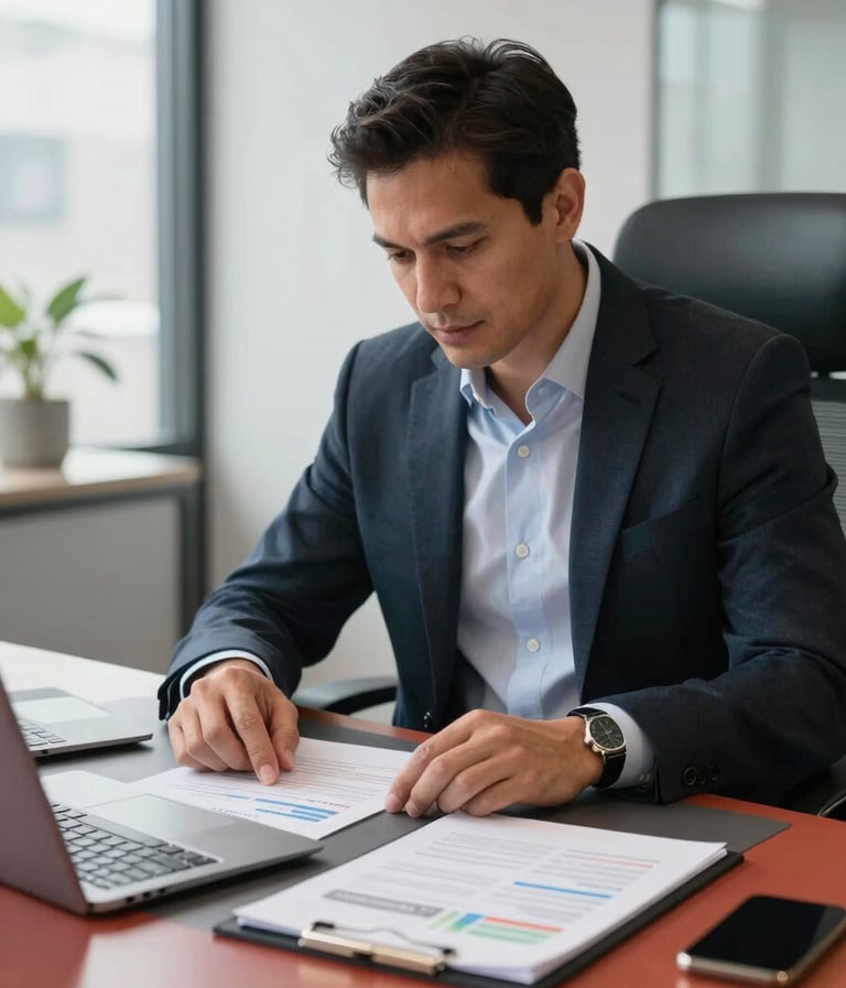 A professional North American public relations strategist in a modern office, reviewing a campaign strategy on a charcoal desk with reddish orange accents. The lighting is bright and inspiring, reflecting a high-energy work environment.