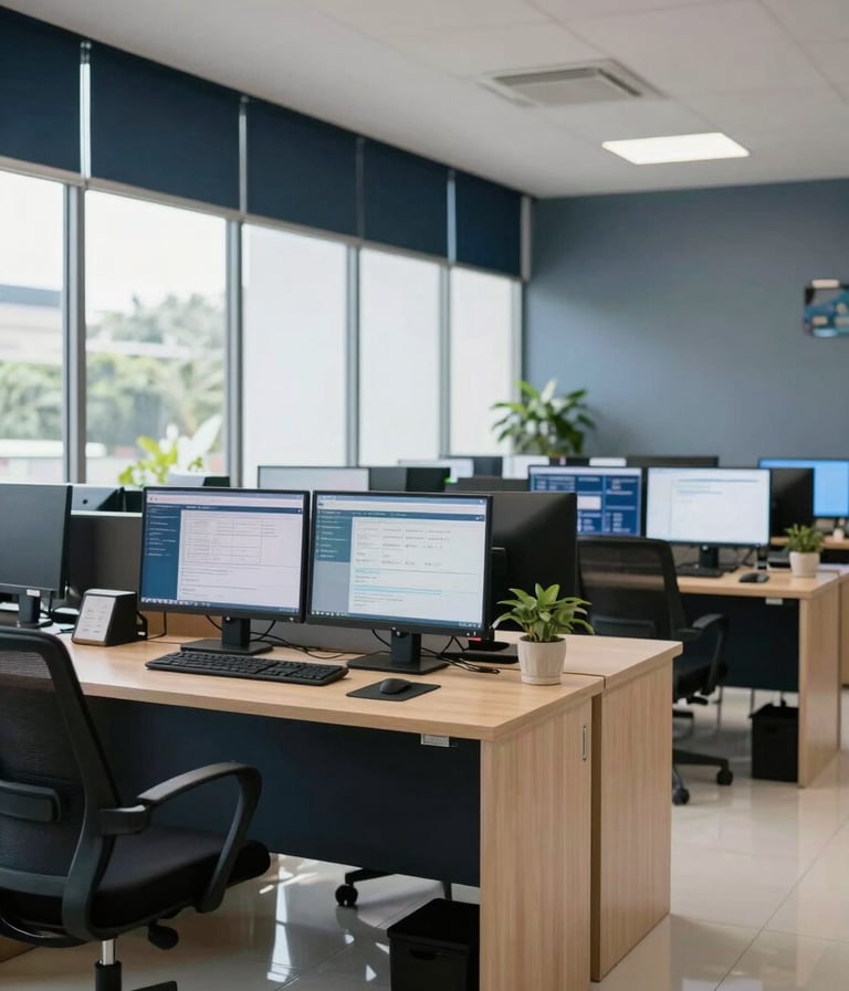 A professional wide shot of a modern Southeast Asian / Indonesian community office, featuring clean desks and digital displays showing data interfaces. The lighting is bright and natural, incorporating accents of dark navy and soft blue-grey in the interior decor.