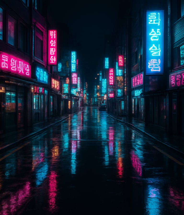 Wide-angle drone photography of a rain-slicked Seoul street at night, glowing neon signs in electric cyan and magenta reflected in puddles, cinematic composition, East Asian / Korean urban.