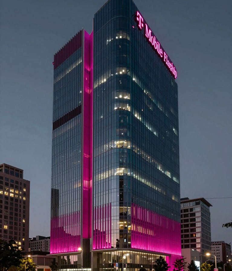 A wide, cinematic shot of a modern T-Mobile Flagship building at twilight. Sleek glass architecture, glowing magenta and deep teal #0E7C7B accents, sharp contrast with the #111111 night sky. Editorial style.
