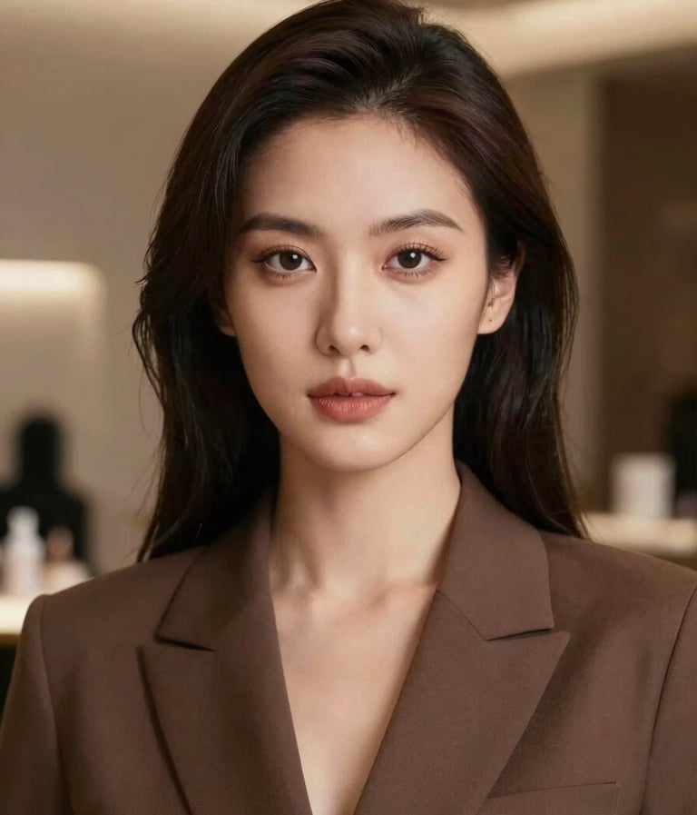 A sophisticated professional portrait of a woman in a high-end setting. Soft, cinematic lighting highlights her facial features. The color palette includes warm brown #4B2E2B tones in the background, conveying an artistic and modern beauty industry vibe.