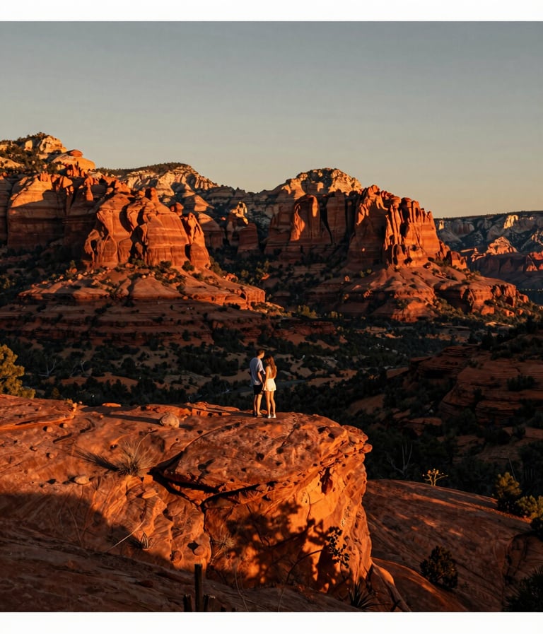 A wide, cinematic landscape photograph of a couple standing on a ridge in Sedona, Arizona, during sunset. The North American / US environment is flooded with warm orange and charcoal shadows, capturing a grand yet intimate moment.
