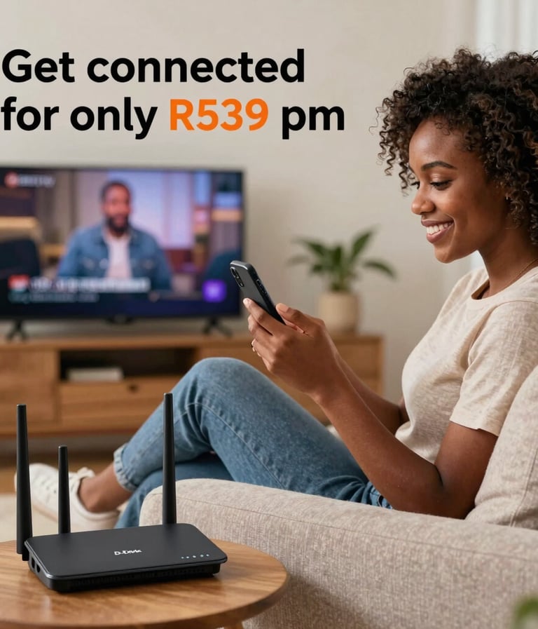 A high-end modern LTE router sitting on a polished wooden console table in a bright Southern African home. The background is a soft-focus interior with off-white walls.