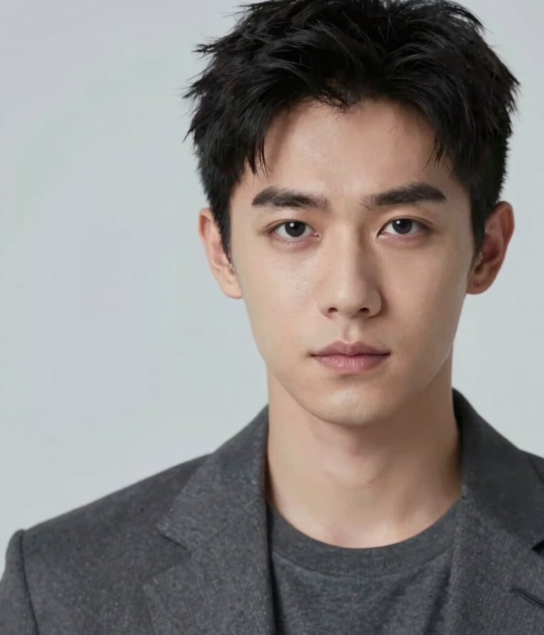 A high-fashion, cinematic actor headshot with a focus on dramatic eyes. Soft-focus background in #F5F5F5. The subject wears dark gray #333333. Composition is balanced with significant negative space for a premium feel.