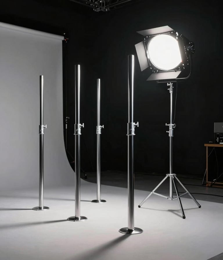 Commercial photography of a sleek music video set in a North American / US soundstage, featuring chrome pillars and minimalist lighting rigs against a dark backdrop.