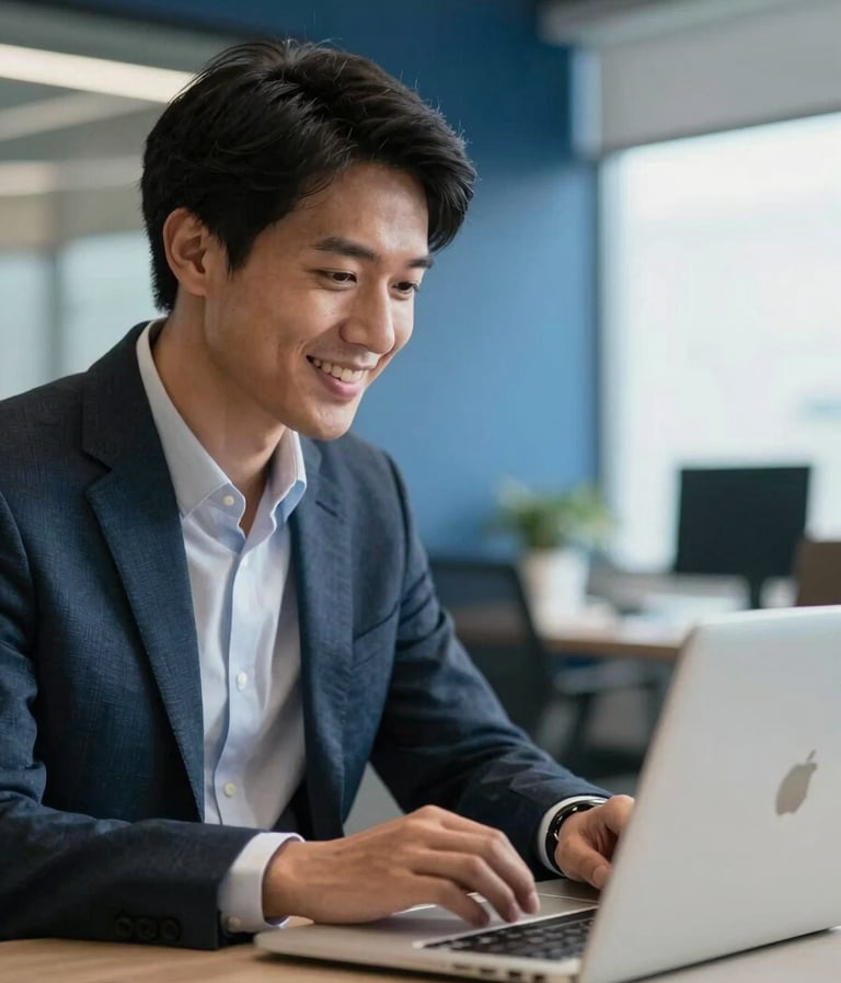 A professional in a North American / US corporate office smiling while looking at an eLearning course on a laptop, professional attire, soft natural lighting, with Steel Blue accents in the background.