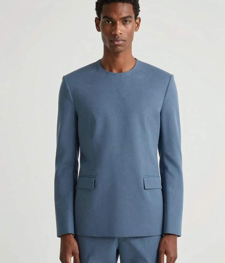 A high-fashion editorial photograph of a model against a mist white background. The subject wears a tailored slate blue garment. The composition is clean, centered, and exudes elegance.