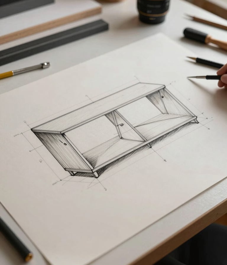 An architectural technical drawing of custom furniture on a clean drafting table. Pale Mist paper with precise black ink lines, professional drafting tools nearby, soft side lighting in a Baltic design studio.