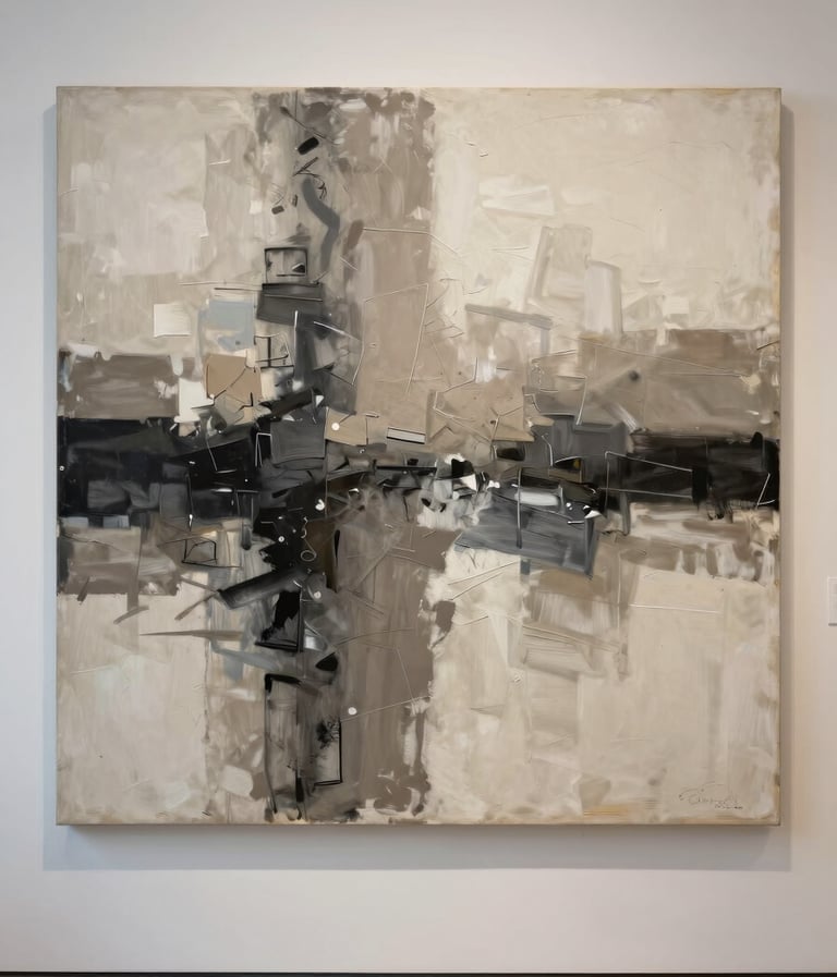 A large-scale abstract painting on a professional canvas, featuring layered textures in charcoal and soft taupe against a cream background. The lighting is natural and soft, emphasizing the rich brushwork. North American art gallery setting.