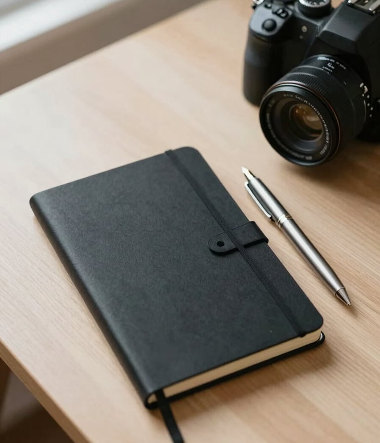 A top-down shot of a minimalist professional desk. A matte black Moleskine notebook is open next to a silver fountain pen and a professional DSLR camera. Soft morning light enters from the side. The palette features #F5F5F5 wood and #263238 gear, projecting a mood of intellectual rigor and preparation.