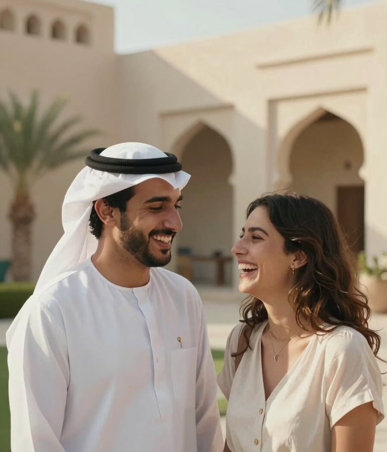 A cinematic, sun-drenched outdoor portrait of a young couple laughing together in a modern Middle Eastern / Gulf garden. The lighting is warm and golden, with soft off-white and tan colors in the background. Authentic photography.