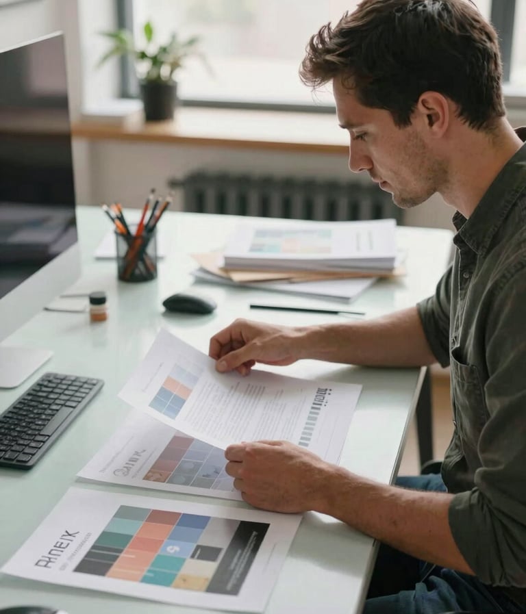 A professional designer in a bright, modern North American / US design studio, reviewing printed packaging proofs laid out on a light mist colored table. Soft natural light, high-end creative atmosphere.