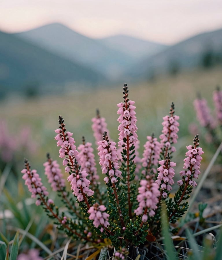 Sharp focus photography of a pink mountain heather bloom in a North American alpine meadow, with the soft mint and sage green tones of a distant mountain valley in the background. Soft afternoon sunlight.