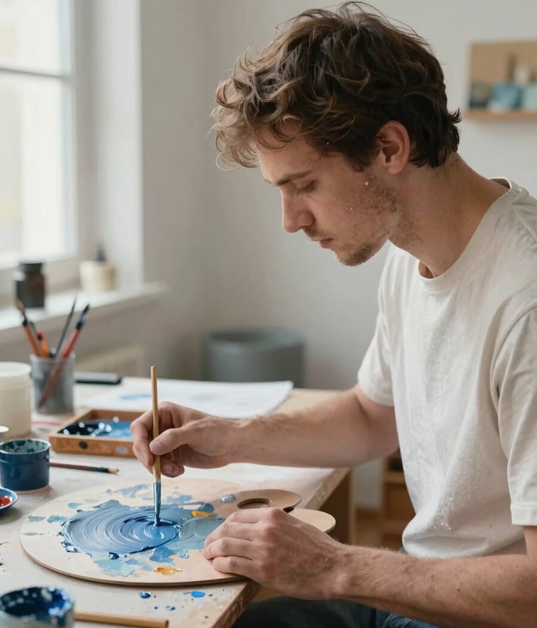 An artist at work in a bright European / French studio, mixing paint on a palette. The scene is filled with natural light, featuring steel blue and soft off-white colors, conveying refined creativity.