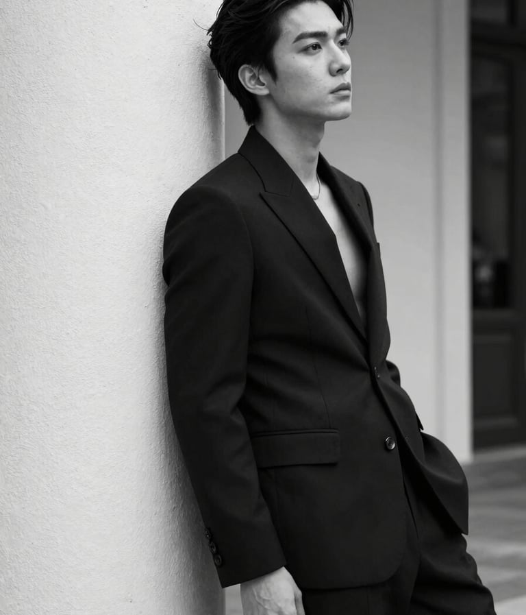 Vertical editorial portrait of a person in a tailored black suit, leaning against a white textured pillar, high contrast, cinematic black and white lighting, Global / Hispano context, luxury fashion style.