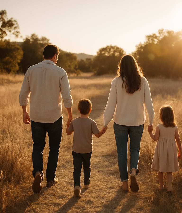 A cinematic wide shot of a family walking together through a sun-drenched North American meadow, soft sand colors in the dry grass, warm lens flares, authentic lifestyle photography.