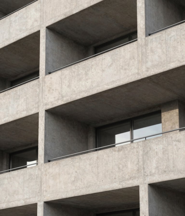 A minimalist architectural photograph of a brutalist concrete building facade in Copenhagen, soft morning light, monochromatic tones of off-white and medium gray, clean sharp lines, North American / European.