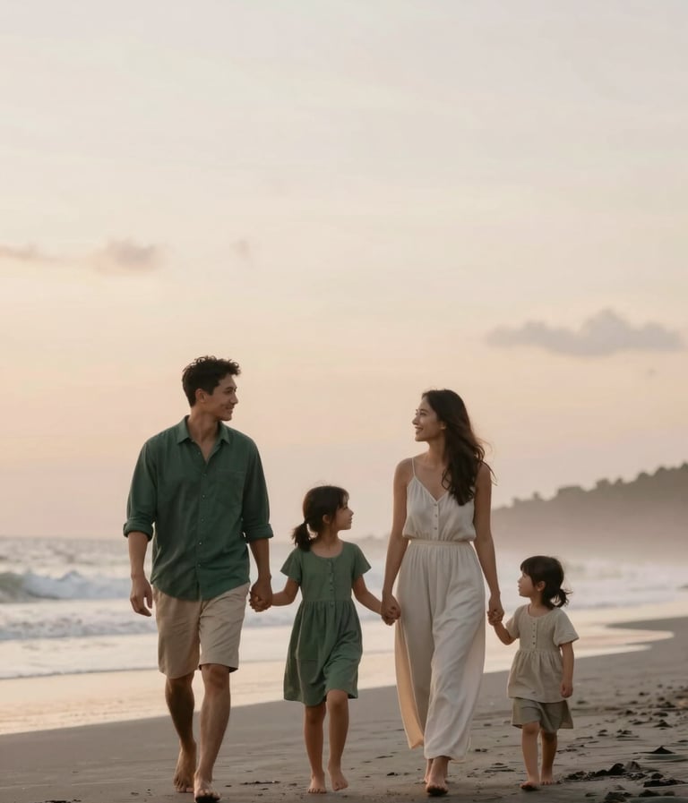 A serene and heartfelt elegant photograph of a family walking hand-in-hand on a minimalist Bali beach at sunset. Warm, intimate storytelling aesthetic. Soft lighting. Subtle tones of dark green (#2A362B), muted green (#5F705B), warm beige (#C7B7A3), and off-white (#F7F3EE) in the clothing and landscape.