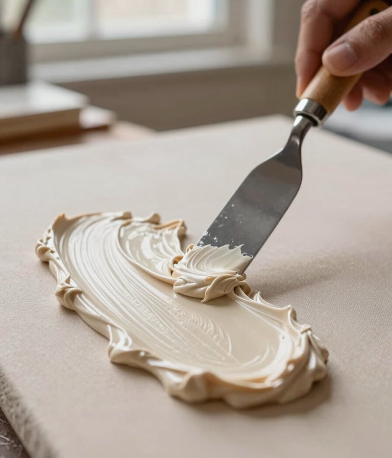 A close-up photograph of a palette knife spreading thick, ivory-colored molding paste onto a canvas. The lighting is soft and natural, coming from a window in a North American artist's studio, highlighting the peaks and valleys of the texture in muted beige tones.