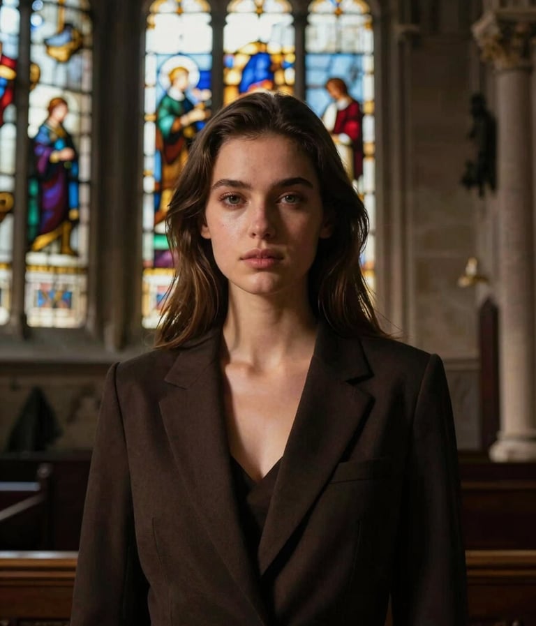 A portrait of a young woman standing in a historic chapel, her face illuminated by colorful light from a stained-glass window. The shot is high-contrast and elegant, featuring rich #1A2F3C shadows and #A79E8B highlights.