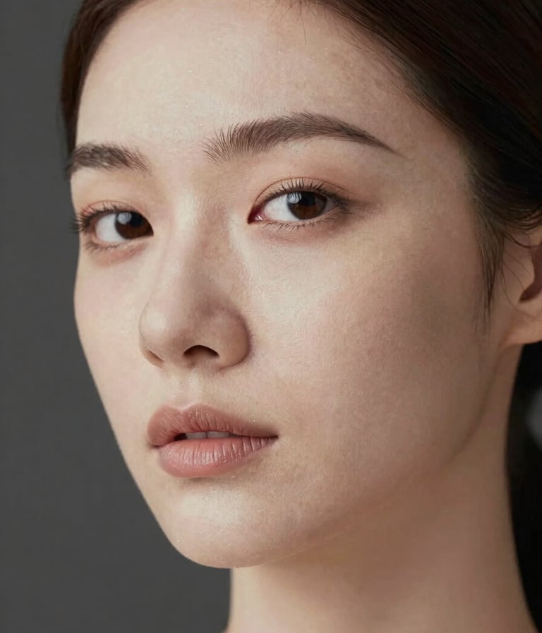 A high-end, artistic close-up portrait of a woman with soft, natural lighting. The color palette features soft off-white and warm taupe skin tones against a dark charcoal background. The composition is minimalist and elegant, focusing on the expressive gaze.