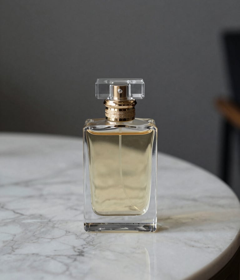 An elegant perfume bottle on a marble table, soft lighting, charcoal gray background, set in a North American / US luxury apartment interior.