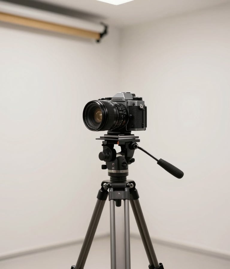 High-end professional photography studio interior in Spain, off-white walls, a single vintage camera on a tripod, minimalist and bright atmosphere.