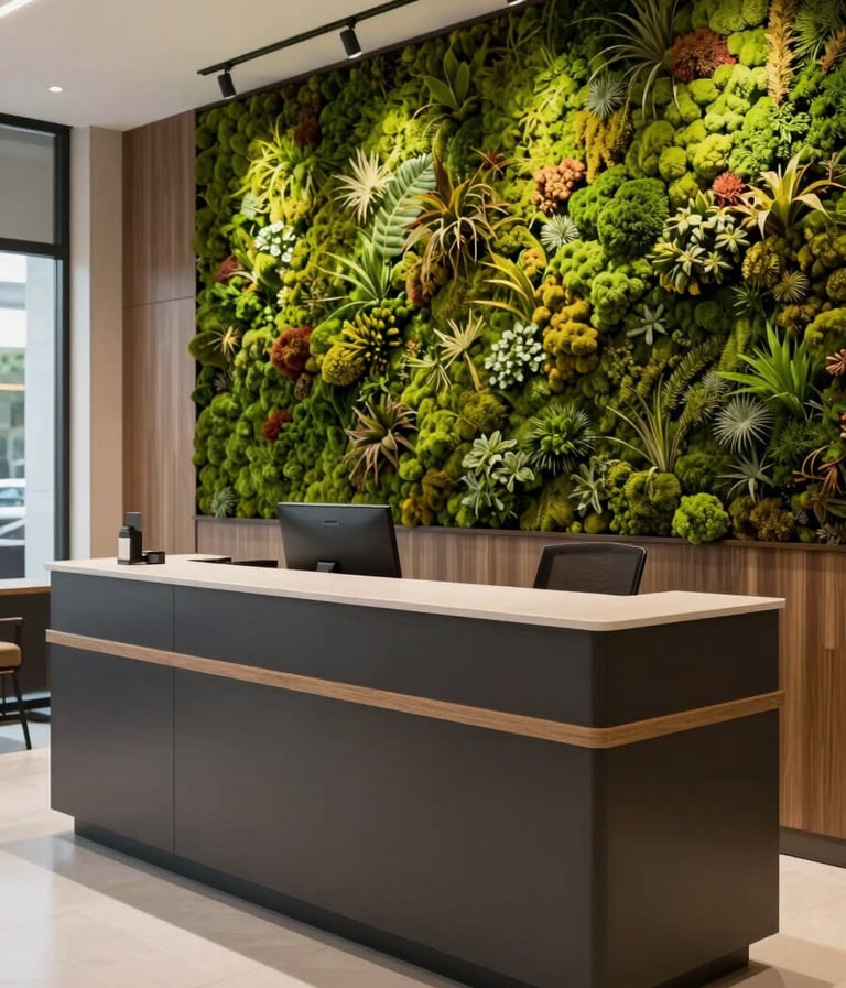 Wide focal image of a modern commercial reception area in Brazil. Features a custom desk in charcoal and taupe finishes, with a wall of preserved sage green moss. Refined, inviting, and professional.
