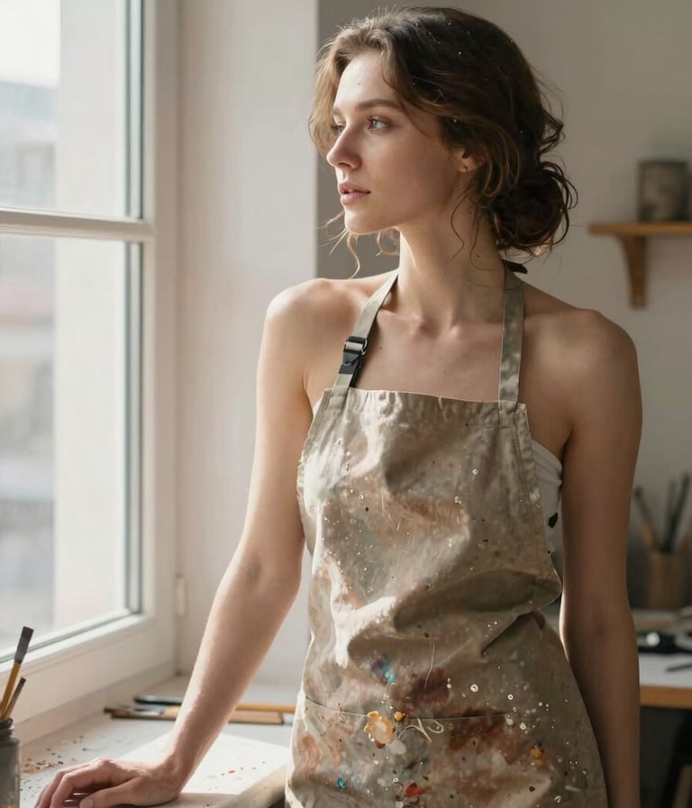 A soulful portrait of a female artist, Katya Rivka, in her workspace. She is wearing an apron stained with muted brown paint, looking out a window with a serene expression. The composition is organic and elegant, lit by soft morning sunlight.