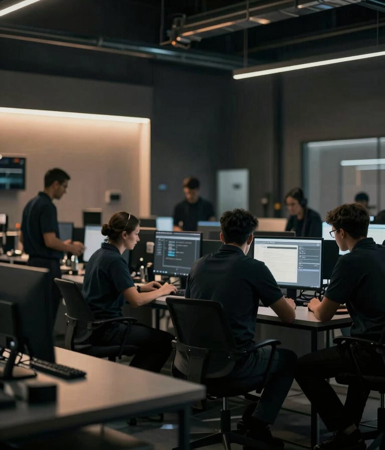 Cinematic wide shot of a team working in a high-contrast industrial environment with warm accent lighting (#C1674E) against deep shadows (#1A1A1A). Modern, edgy atmosphere, raw texture, no stock feeling.