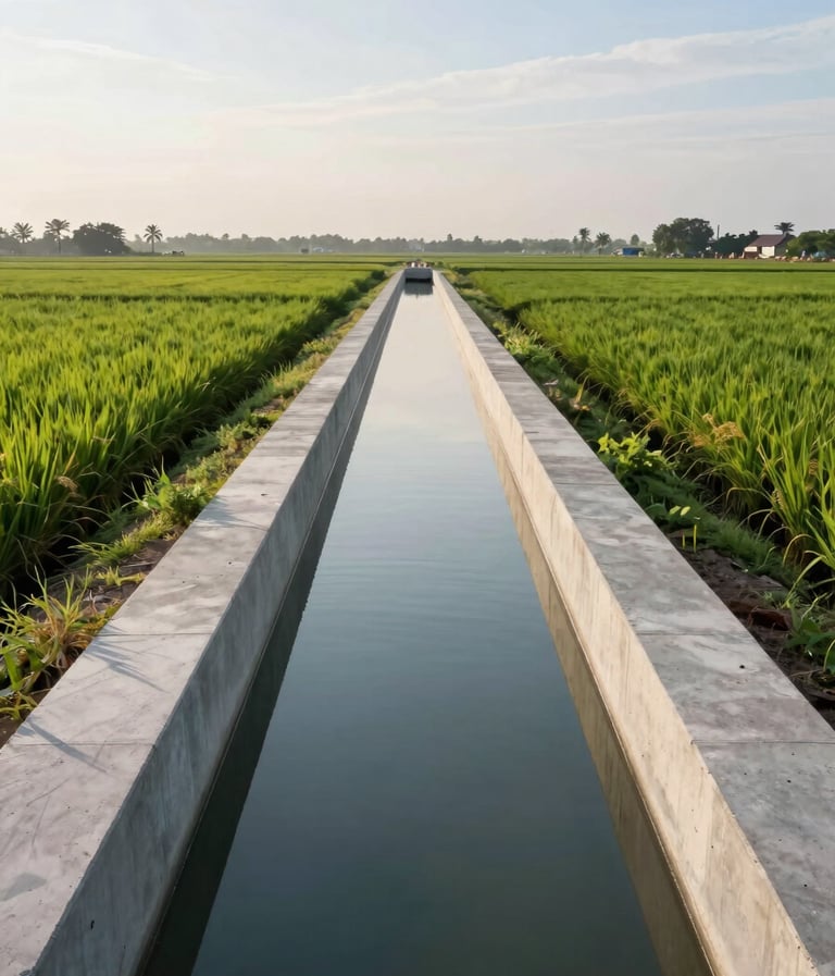 A wide professional photograph of a modern concrete irrigation canal stretching through a lush green rice field in Southeast Asian / Indonesian landscape. The structure is clean and well-engineered, under a bright morning sky with soft blue and white tones, reflecting a professional and elegant civil engineering project.
