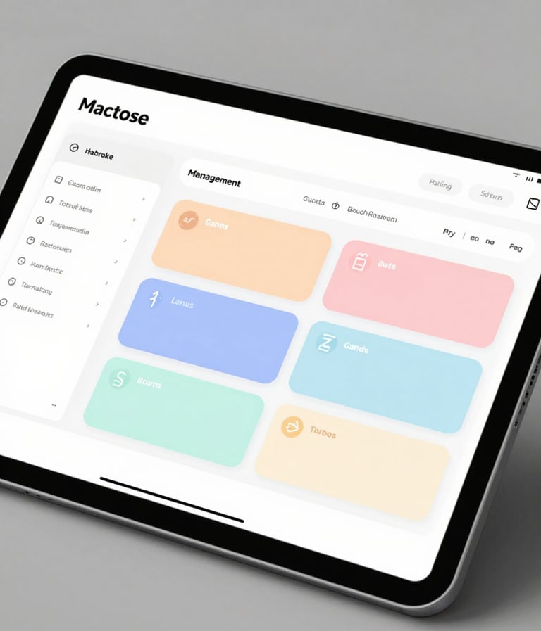 A sleek tablet displaying a vibrant management dashboard with friendly pastel-colored buttons and clean data visualizations. Lighting is soft and professional.