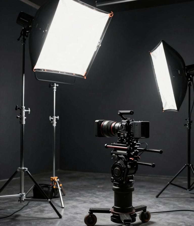 A behind-the-scenes photograph of a music video production in a North American urban studio. Large professional lighting rigs and a camera on a gimbal are visible, surrounded by a dark charcoal and black interior, exuding a high-end industry atmosphere.