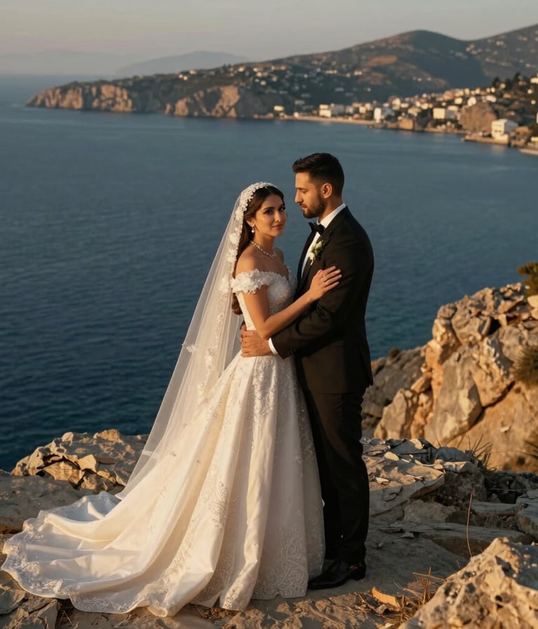 Professional outdoor photography of a Middle Eastern / Turkish bride and groom standing on a rocky cliff in Bodrum. The deep blue Aegean Sea is in the background. The scene is illuminated by the golden hour sun, creating a warm mustard-colored glow.