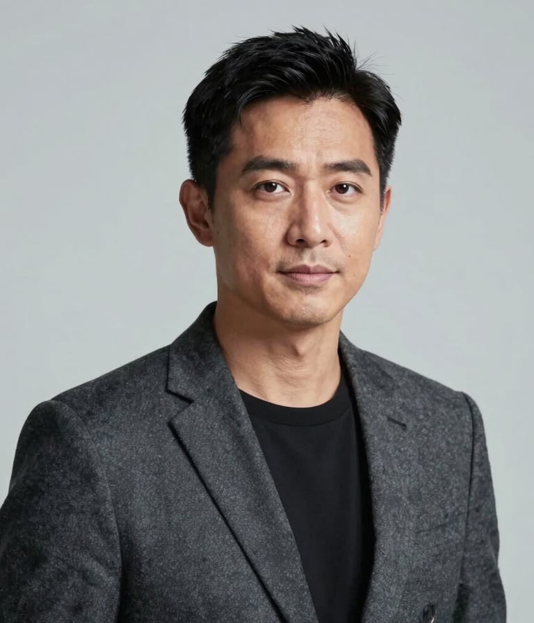 A sophisticated professional headshot of an artist in a charcoal gray blazer, set against a minimalist light gray background. Elegant and approachable expression, North American / US style.
