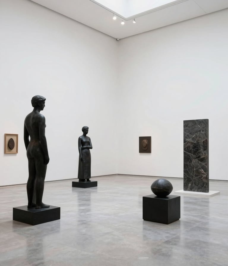 A wide shot of a bright, white-walled art gallery in a Latinoamericano / Español city. Contemporary sculptures in rich black and dark slate gray are arranged with ample negative space. Soft natural light, immaculate and sophisticated atmosphere.