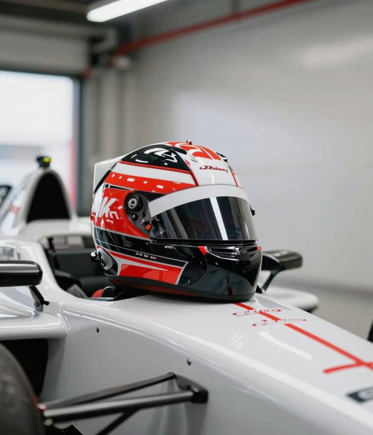 A clean, minimalist portrait of a driver's helmet resting on the sidepod of an IndyCar in a North American / US garage. The lighting is soft and professional, highlighting the rich black and racing red details of the helmet design.