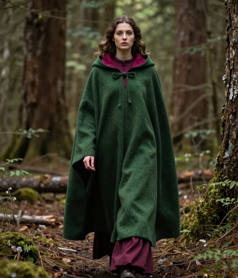 A full-length portrait of a model wearing a heavy forest green cloak with a deep magenta lining. They are walking through an old-growth Western / Global forest. The mood is mysterious and whimsical.