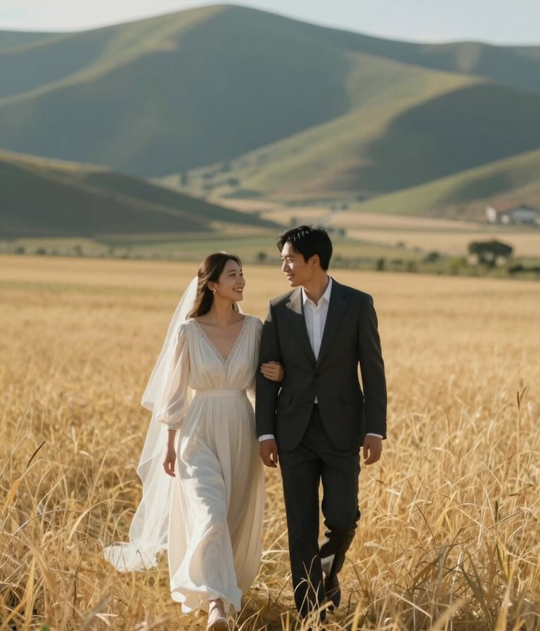 A romantic candid shot of a couple walking through a golden field, teal green distant hills, wearing soft off-white and charcoal wedding attire.