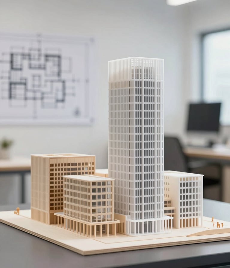 An architectural model of a contemporary office complex made from light wood and white acrylic. The model sits on a dark charcoal surface in a bright, modern studio. In the blurred background, architectural blueprints are visible on a wall. Lighting is crisp and professional.