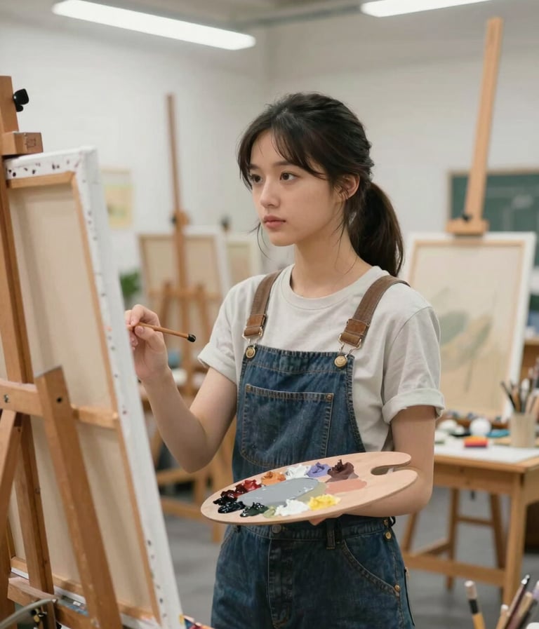 A high-quality photograph of a young artist in a bright, modern North American school art studio. She is standing by a wooden easel, holding a palette with mist grey and muted sand colored paints, looking thoughtfully at a large canvas with an authentic expression of focus and curiosity.