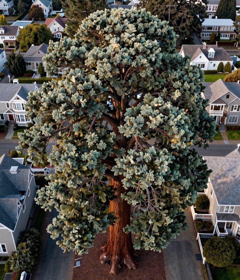 Majestic aerial drone photography of a massive Giant Sequoia towering over Victorian-style residential houses in Eugene, Oregon. The tree's crown fills the frame, with soft morning light illuminating the sage green and dark emerald foliage.