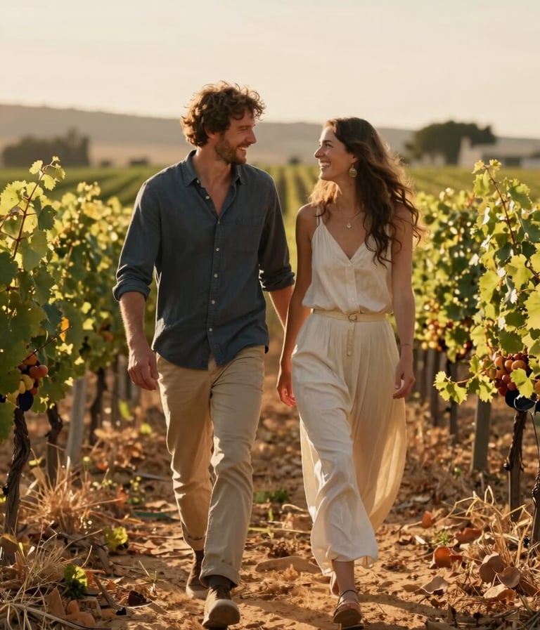 Cinematic shot of a couple walking through a French vineyard at golden hour, warm sunlight, authentic laughter, soft sand and terracotta tones, professional lifestyle photography.