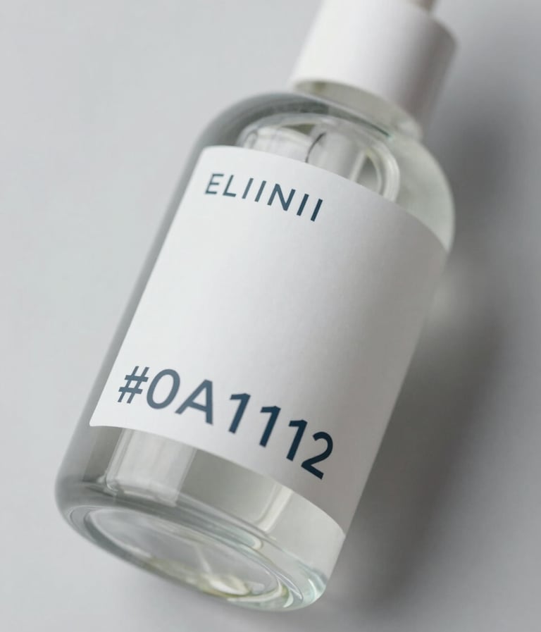 A close-up, high-angle shot of a minimalist skincare glass bottle. The label features clean, modern typography in #0A1118 on a soft matte paper. The liquid inside is clear. Lighting is soft and diffused, highlighting the craftsmanship of the glass. The background is a clean, neutral #ECF0F1 surface.