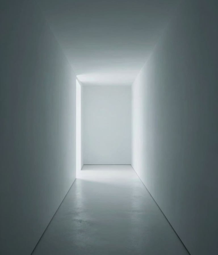 A long-exposure photograph of a minimalist hallway. The walls are a smooth Dusty Slate, and the light at the end is a soft Ice White glow, creating a premium, ethereal feel.