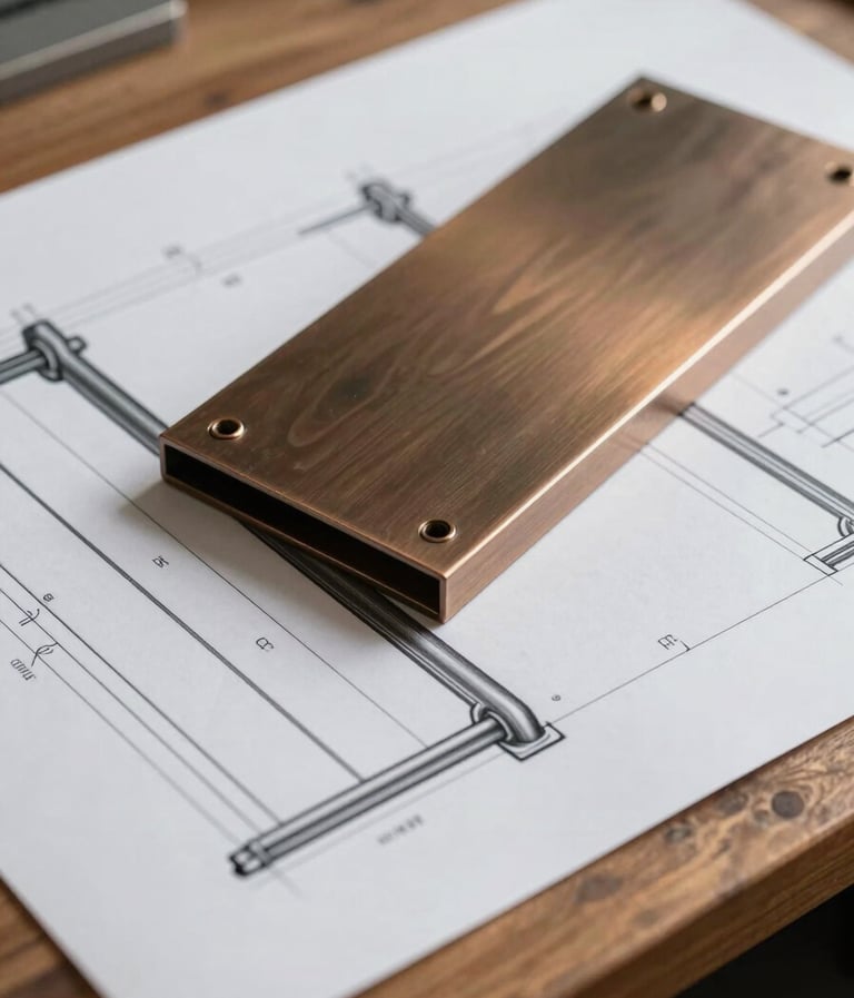 A technical architectural drawing of a railing system laid out on a wooden desk, with a finished warm bronze metal sample resting on top, demonstrating the transition from design to reality.