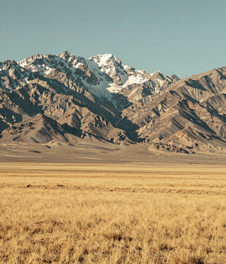 Wide-angle landscape photography of the Ruby Mountains in Northeast Nevada. Expansive golden plains lead to rugged snow-capped peaks under a clear sky. High-quality clarity using sand beige and muted green.