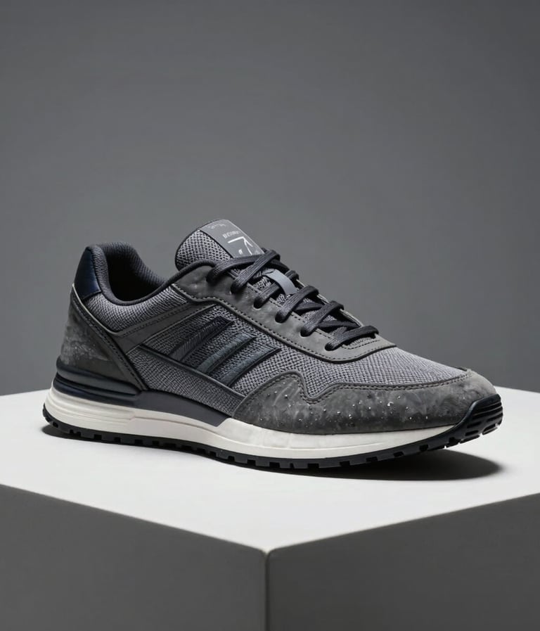 A high-fashion studio shot of a sleek sneaker on a white platform, dramatic lighting creating sharp contrast, professional and aspirational mood with a cool grey background.