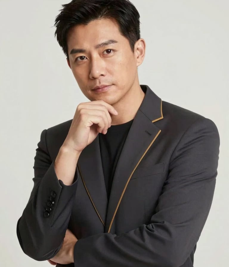 A portrait of Frank Artus in a thoughtful pose, wearing a dark blazer (#1A1C20) with gold trim (#A88B57). The background is a neutral off-white (#F8F8F8), creating a clean and professional aesthetic.